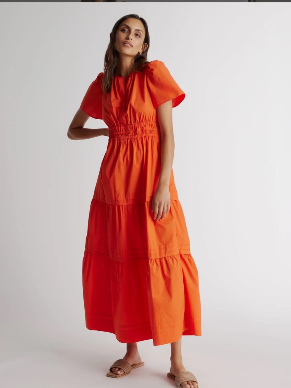 Quince Tiered vermilion red Maxi Dress with Smocked Waist size large
